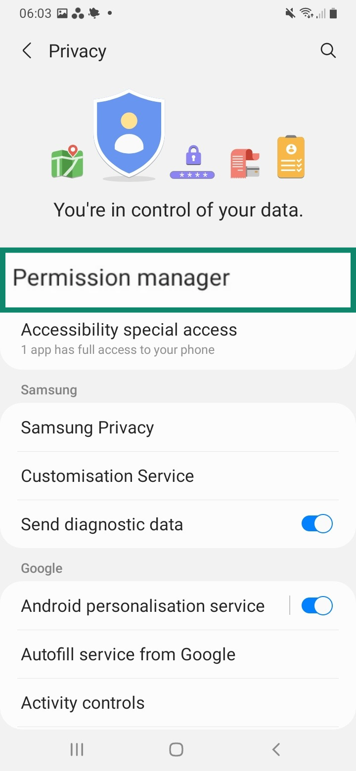 Image showing Android Permission manager.