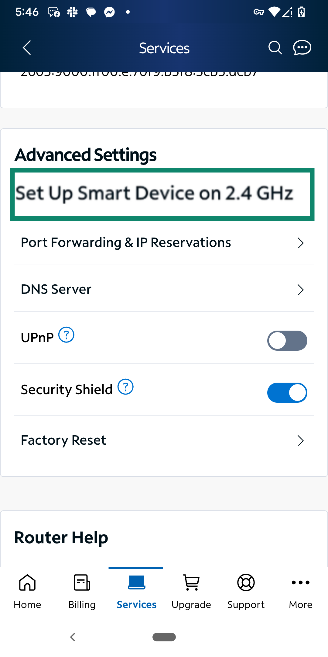 Spectrum app screen showing the "Set Up Smart Device on 2.4 GHz" option under Advanced Settings