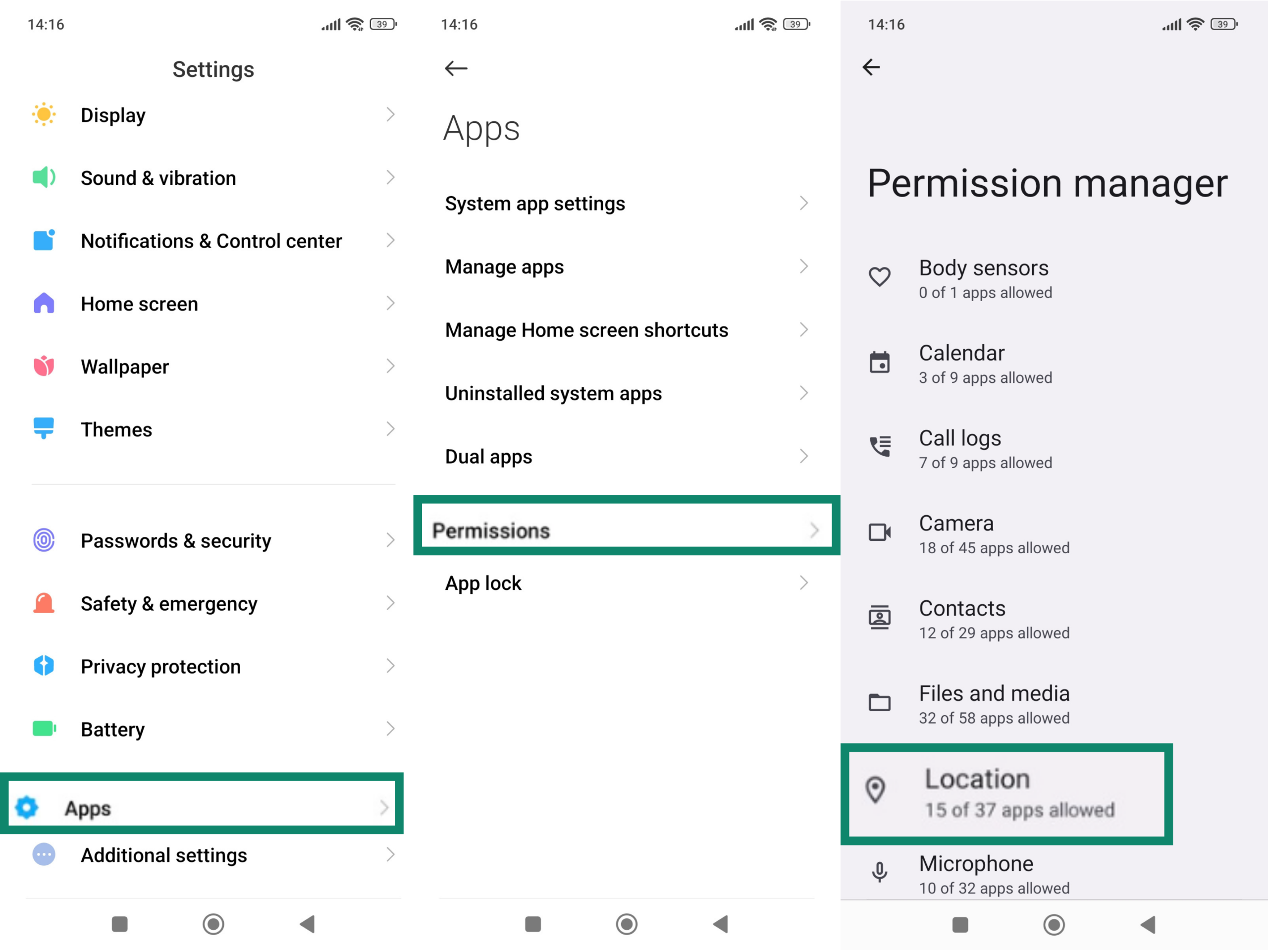 Android Settings menu with the Apps option highlighted (left), the Apps menu with Permissions option highlighted (middle), and the Permission manager menu with the Location option highlighted (right)