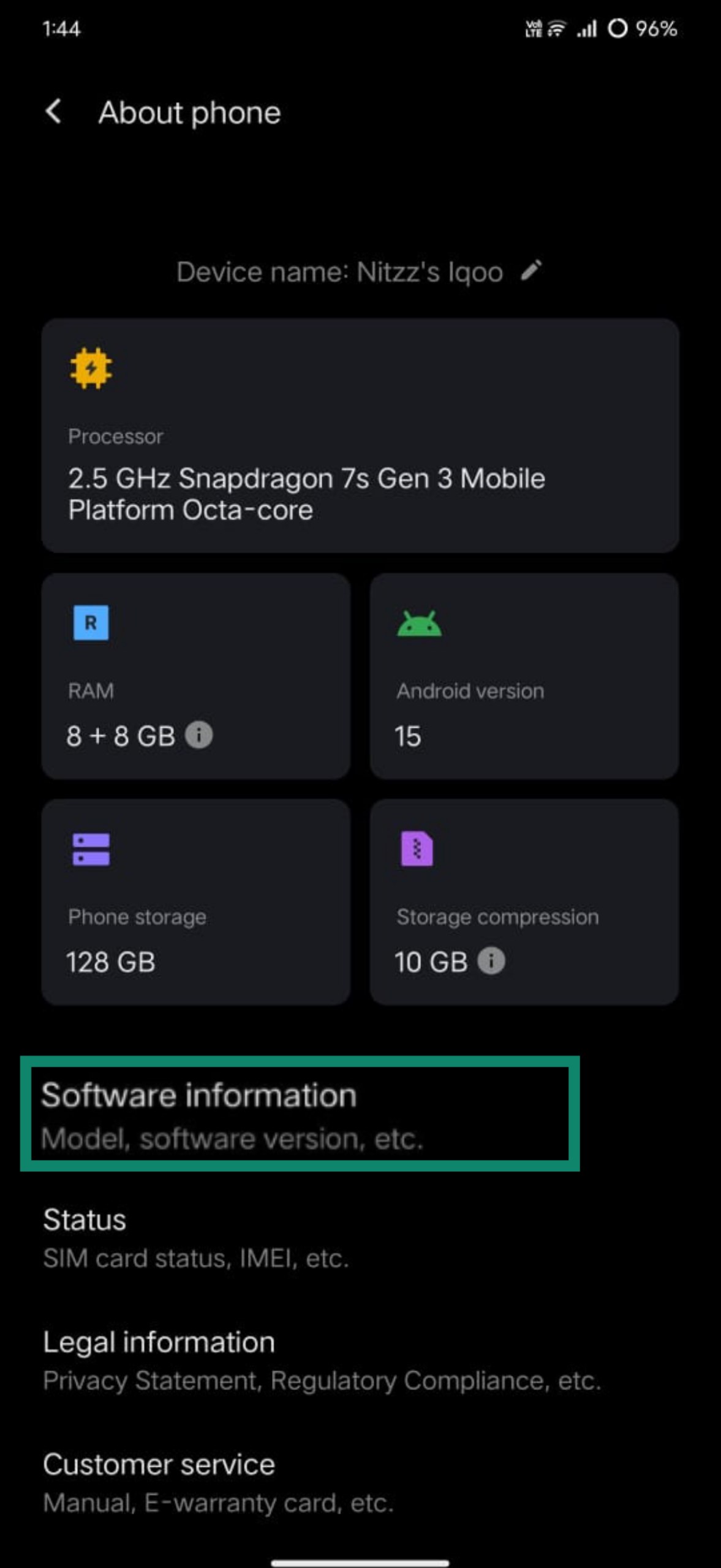 Android's About phone settings opened with Software information highlighted