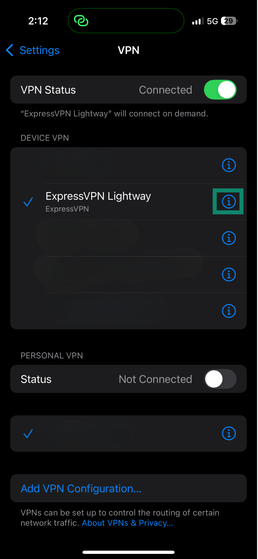 iPhone VPN settings screen showing ExpressVPN Lightway as the active connection.