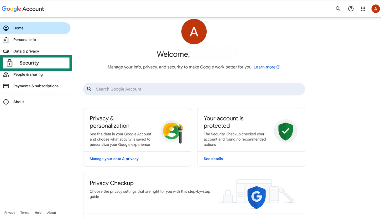 Google Account dashboard with the Security tab highlighted in the left-hand menu. 