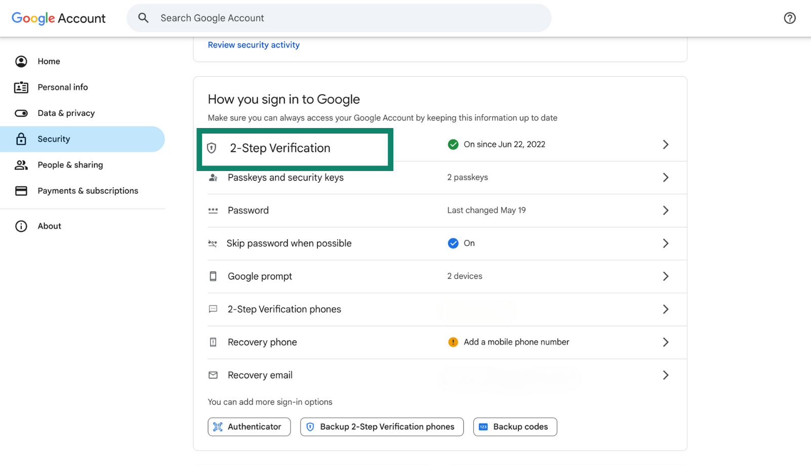 Google Account security settings showing 2-Step Verification as enabled.
