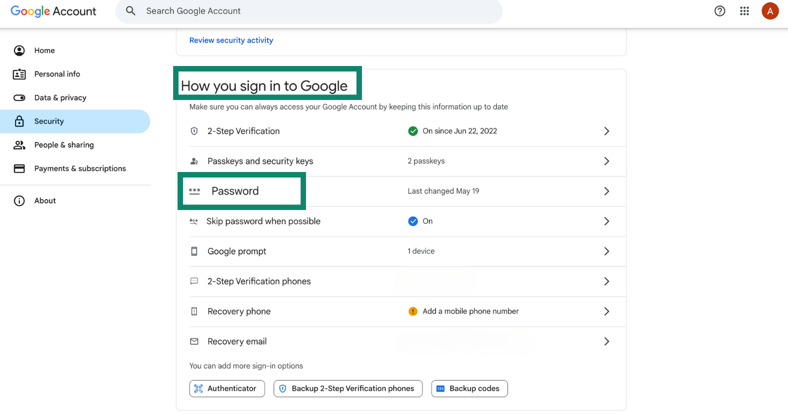 Google Account Security tab showing the How you sign in to Google section.