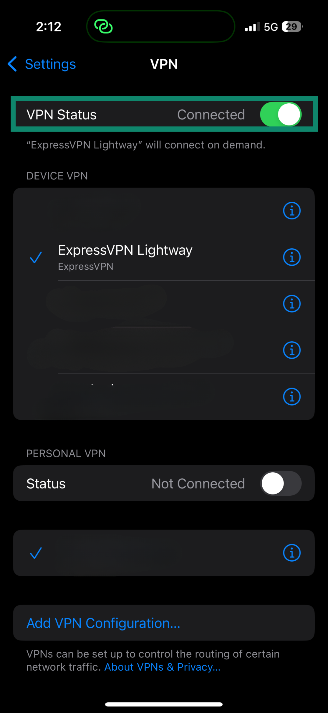 iPhone VPN settings screen showing ExpressVPN Lightway as the active connection.