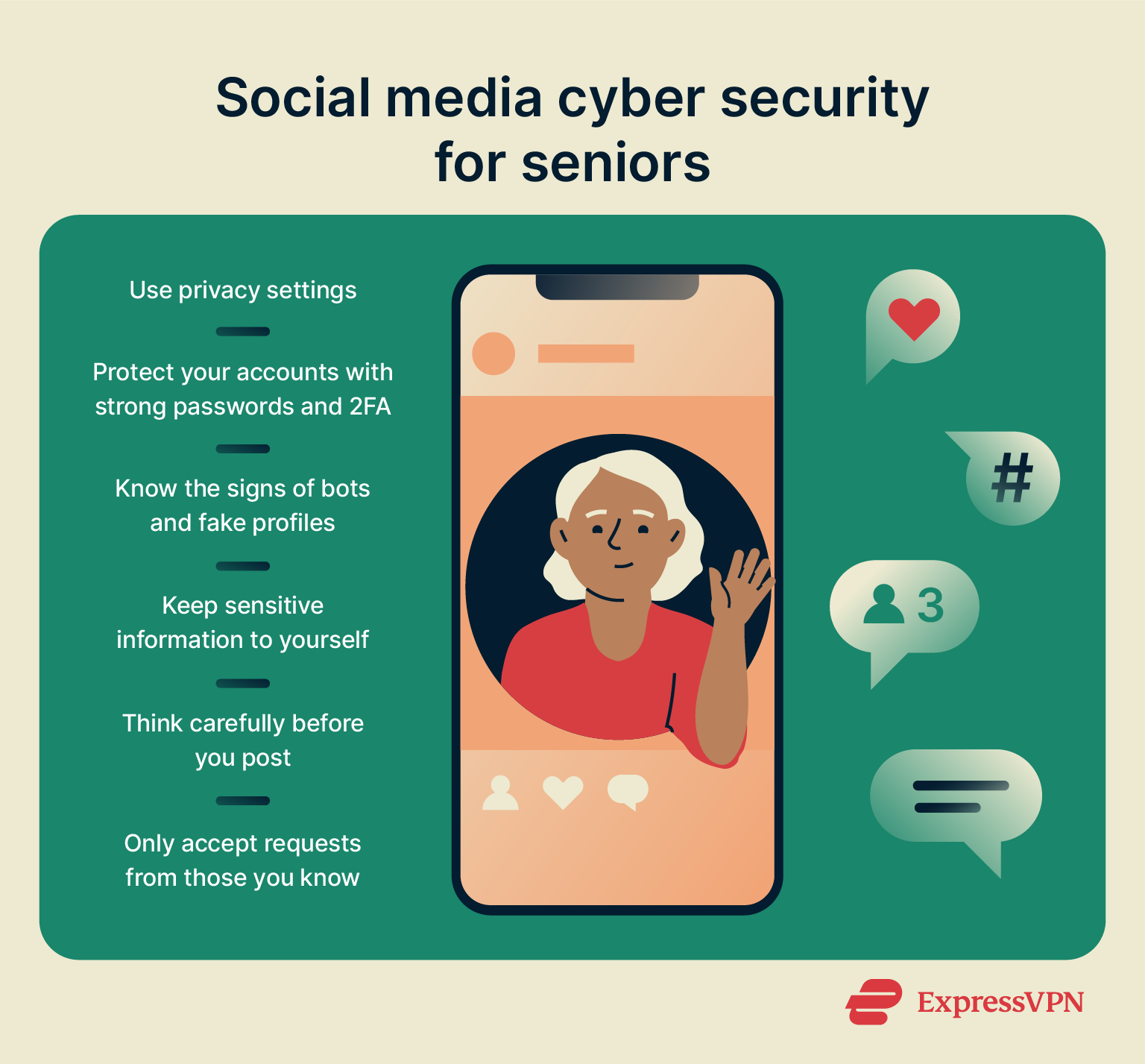 A list of helpful social media security tips for seniors.