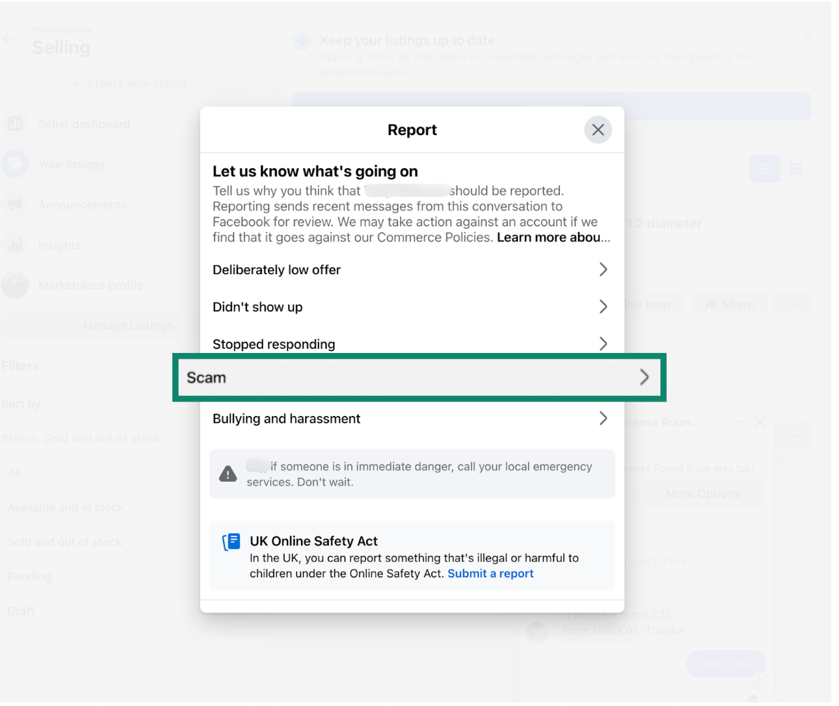 Reporting a scam on Facebook Marketplace.