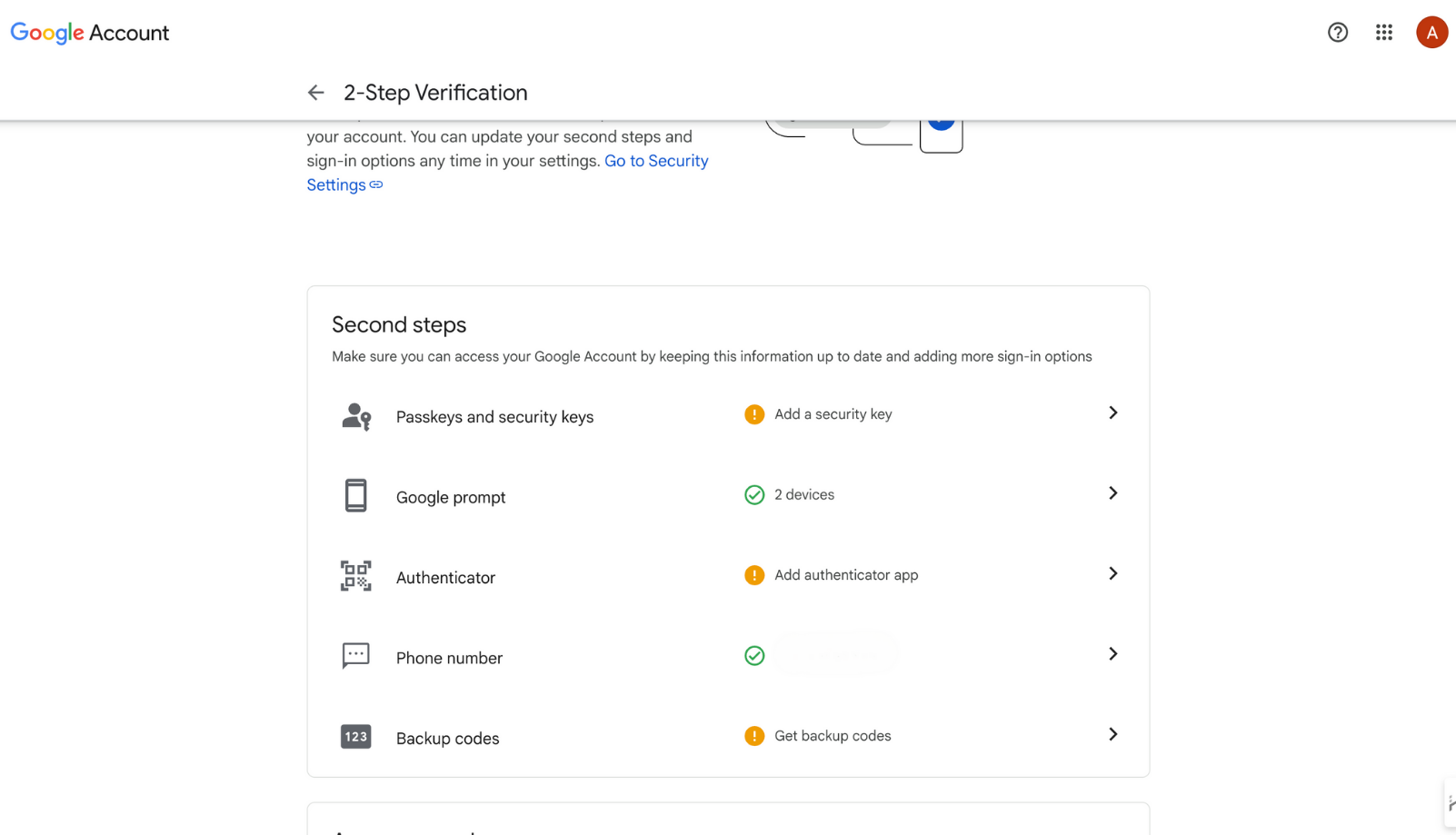 Detailed view of 2-Step Verification settings showing available second step methods.