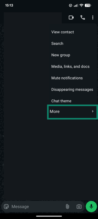 A screenshot of the WhatsApp app, showing the settings menu and More option.