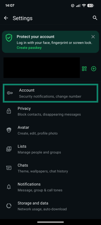 A screenshot of the WhatsApp settings menu, showing the Account button