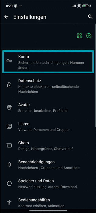 A screenshot of the WhatsApp settings menu, showing the Account button.