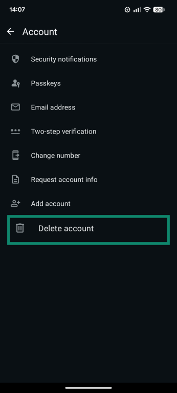 The Account page of the WhatsApp settings menu, showing the Delete account button.