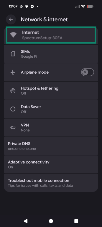 Android settings with Wi-Fi network highlighted.