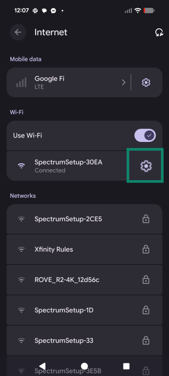 Android Wi-Fi settings with connected network gear icon highlighted.