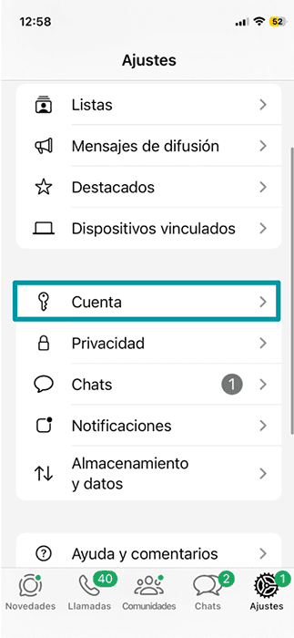The WhatsApp app for iPhone, showing the Account option in the Settings menu.