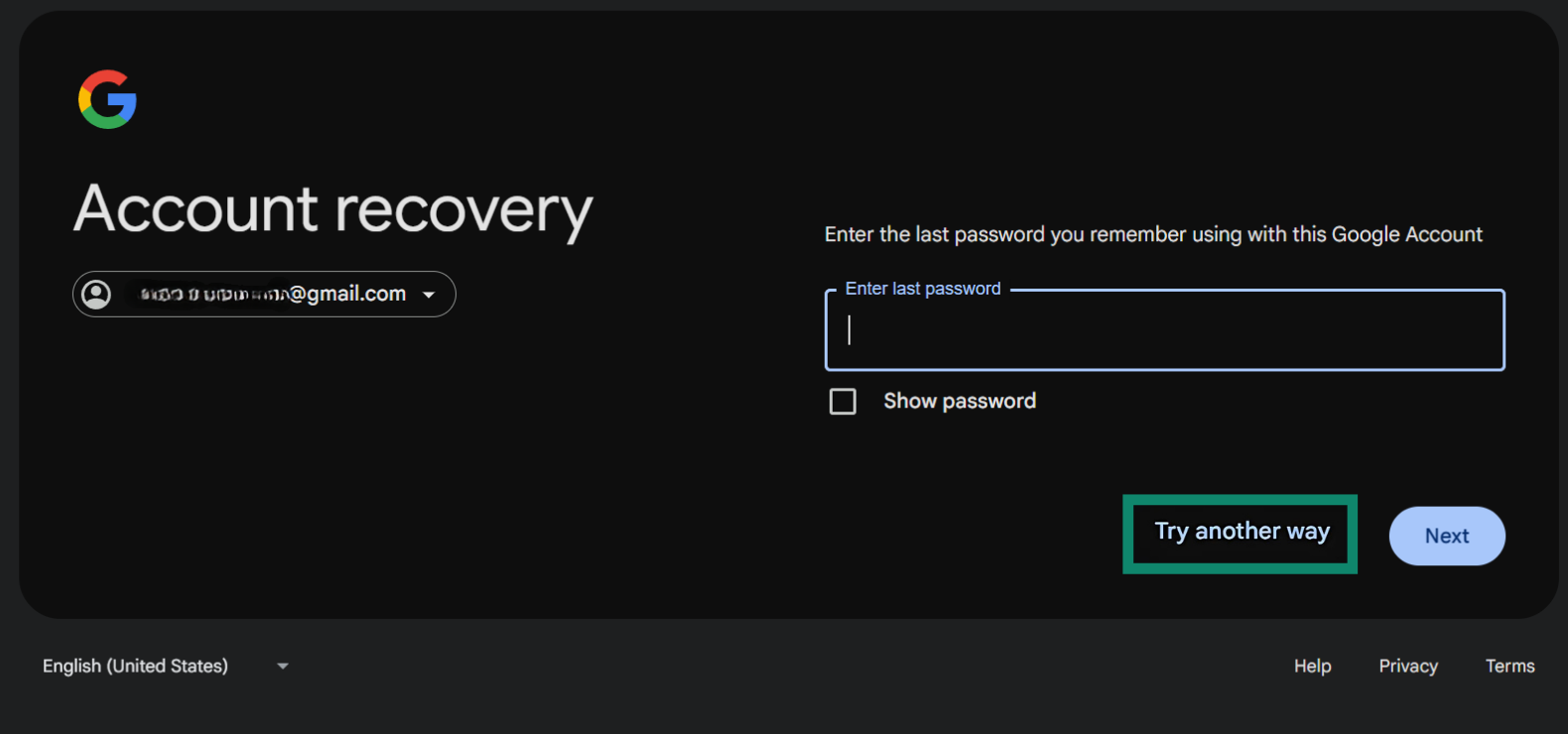 Google Account Recovery page showing the "Try another way" option highlighted.
