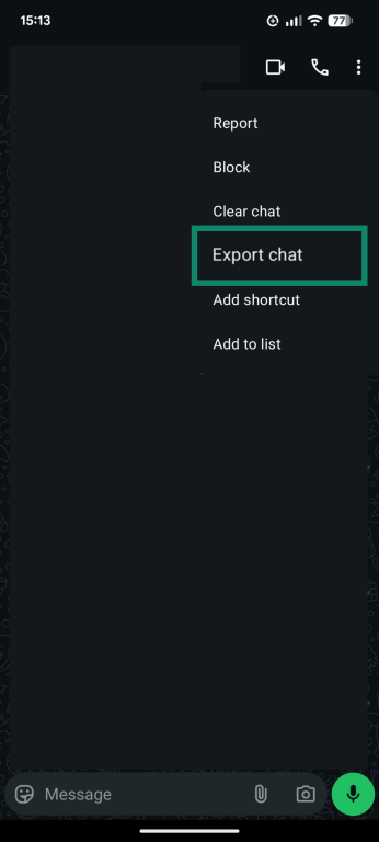 A screenshot of the WhatsApp app, showing the Export chat option.