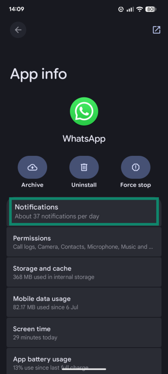 The WhatsApp app settings page in the Android settings app, showing the Notifications button.