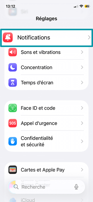The Settings menu on iPhone.
