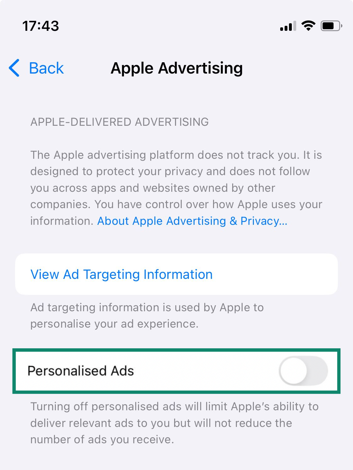 The Apple Advertising page of an iPhone, showing the Personalized Ads feature toggled off. 