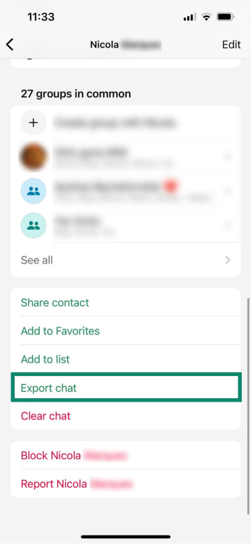 The Export chat option in in WhatsApp individual chat menu.