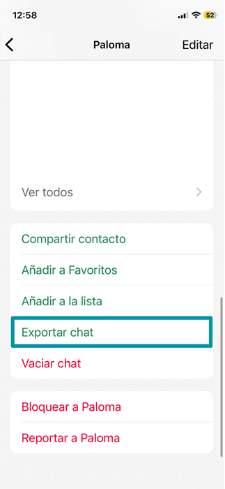 The Export chat option in in WhatsApp individual chat menu.