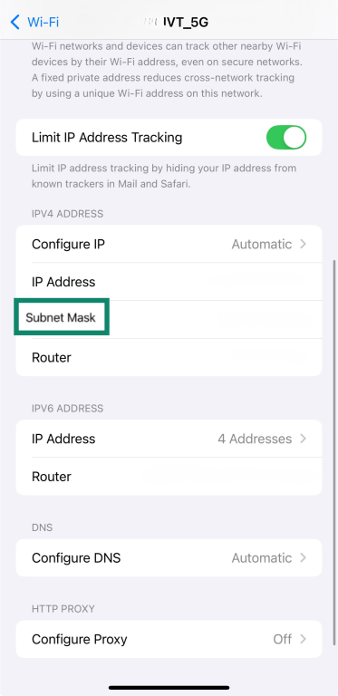 iPhone Wi Fi network details screen showing the Subnet Mask.