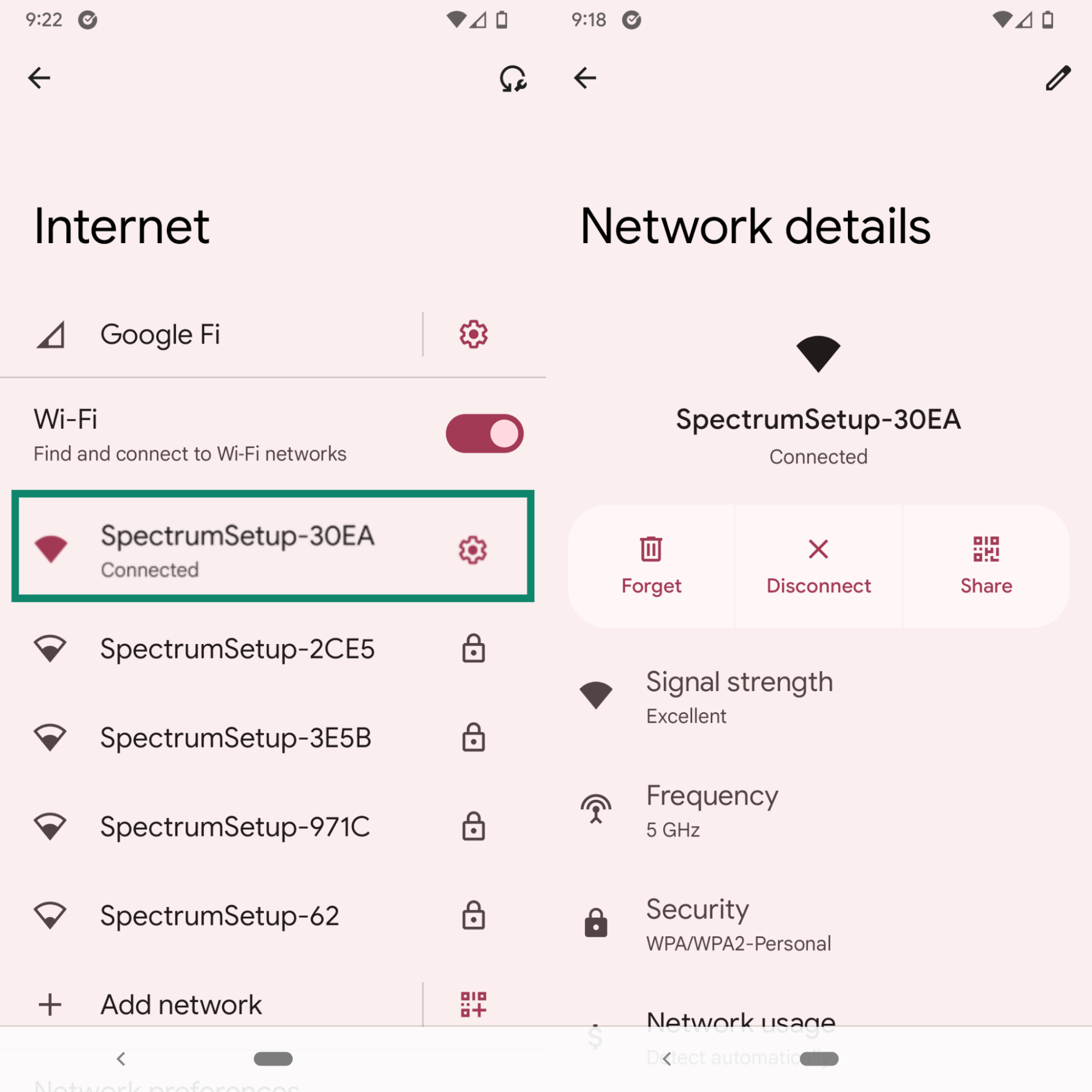 Wi-Fi list and network details.