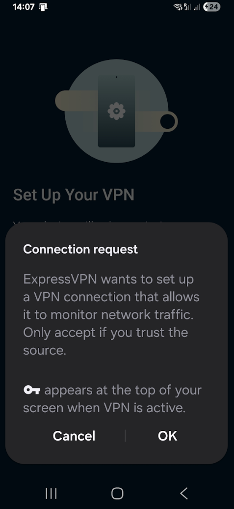 The ExpressVPN app's prompt to allow for VPN connections.