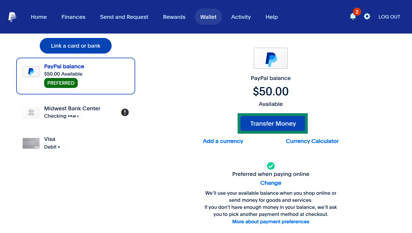 PayPal's Wallet screen, with a highlighted 