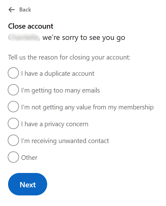 The LinkedIn "Close account" screen asking the user to select a reason for leaving before clicking "Next".
