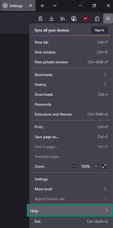 Firefox menu with the Help button highlighted.