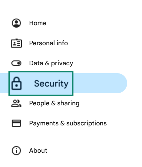 The main settings menu in a Google account. The "Security" option is enlarged and highlighted.