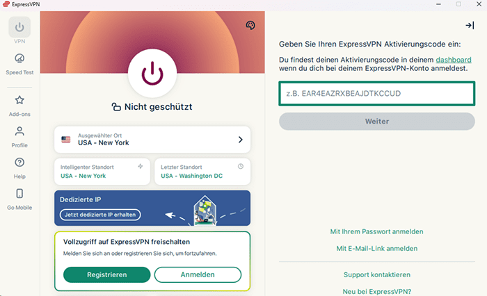 ExpressVPN's Windows app, showing the activation code placeholder.
