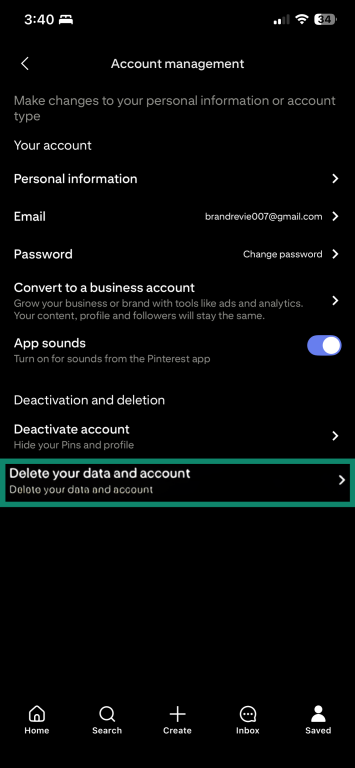 iOS Pinterest app Account management menu with the Delete your data and account button highlighted.