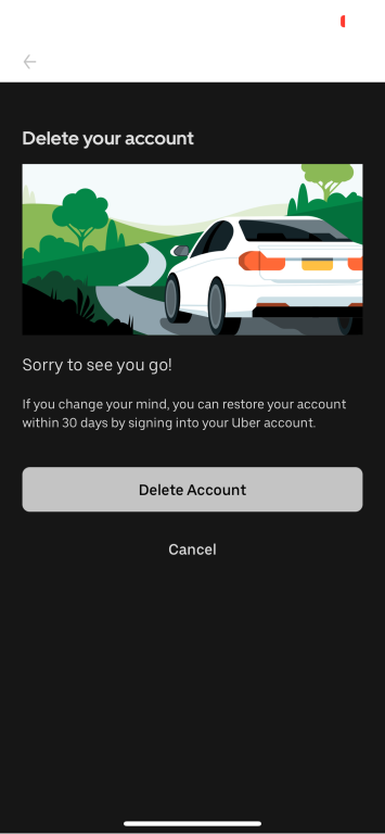 Final Uber account deletion screen on the mobile app.