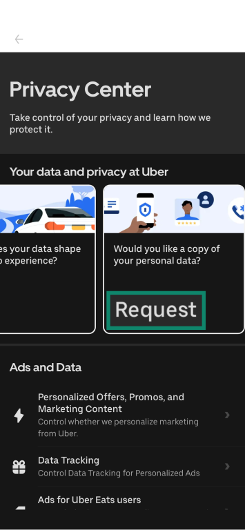 Uber mobile privacy center landing page with option to request personal data highlighted.