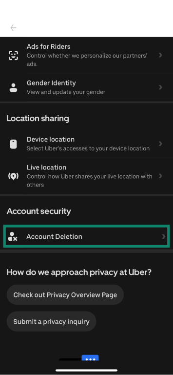 Uber mobile app settings with Account Deletion option highlighted.