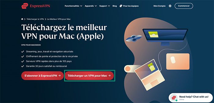 ExpressVPN download page for the Mac app, with a highlighted "Download Mac VPN" button.