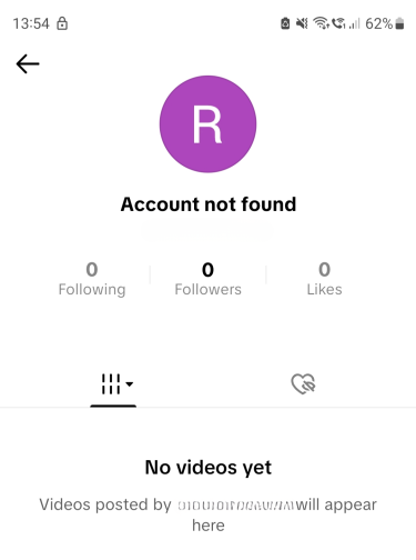 TikTok profile showing Account not found with zero followers.