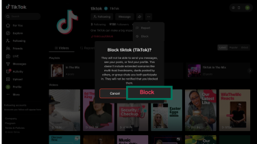 TikTok desktop showing confirmation popup “Block tiktok (TikTok)?” with Block button highlighted.
