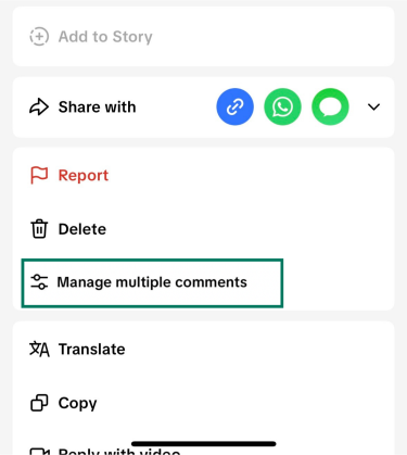 TikTok comment menu showing the Manage multiple comments option highlighted.