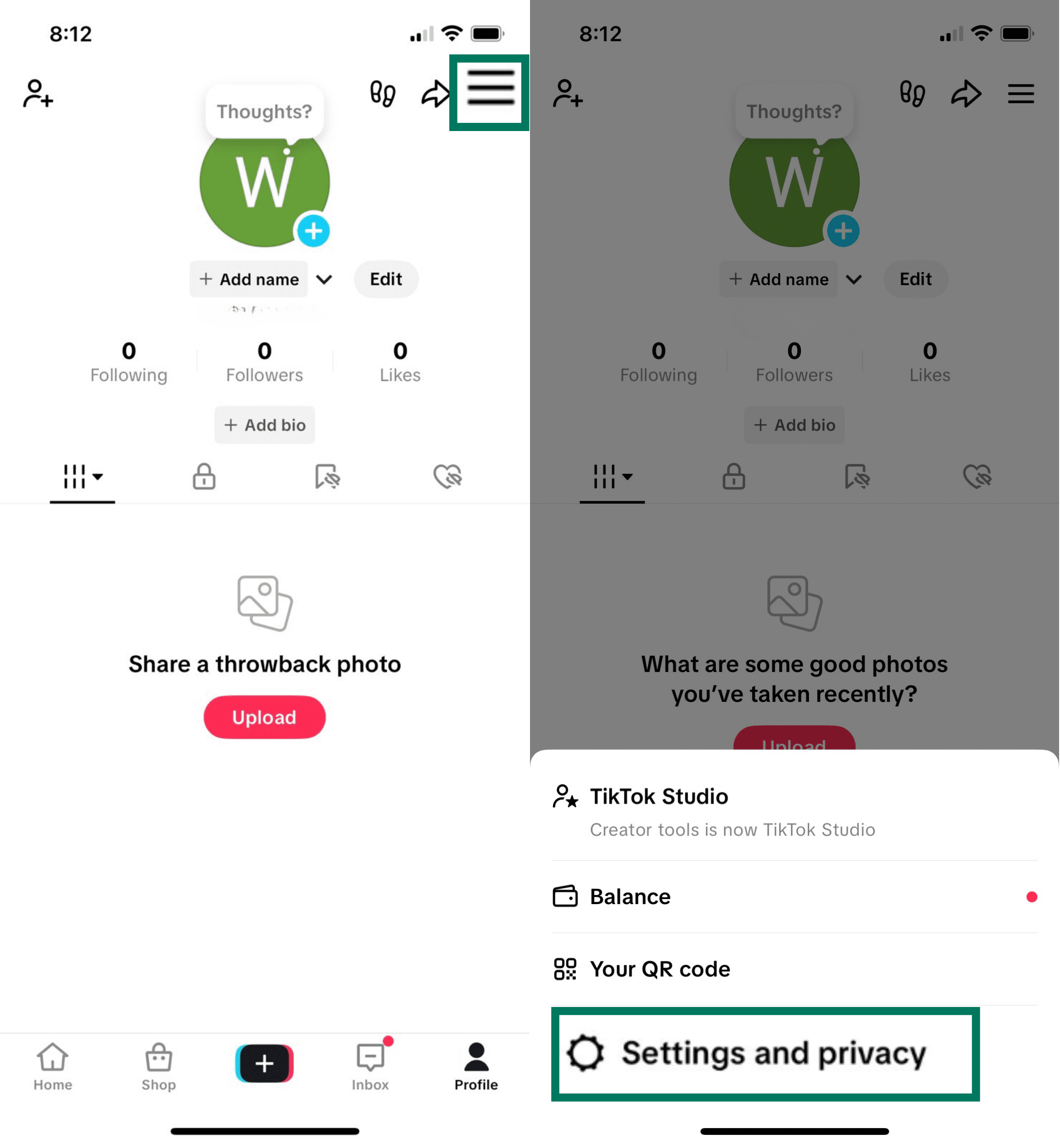 TikTok mobile profile menu open, with Settings and privacy option highlighted at bottom.