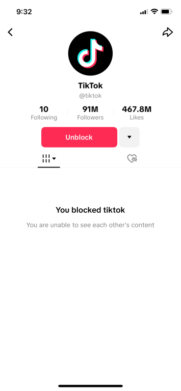 TikTok Blocked accounts screen on mobile showing TikTok profile with an Unblock button.