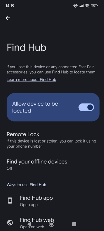 Android Find Hub menu