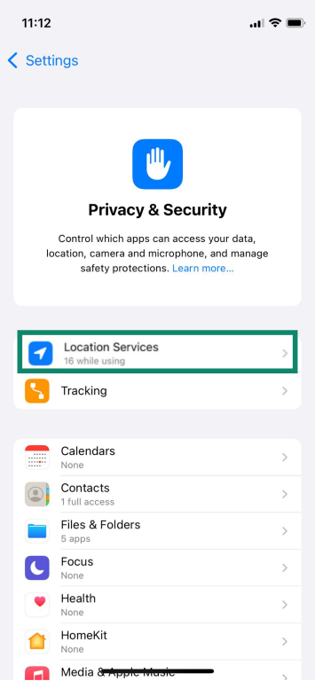 The Location Services settings on an iPhone.