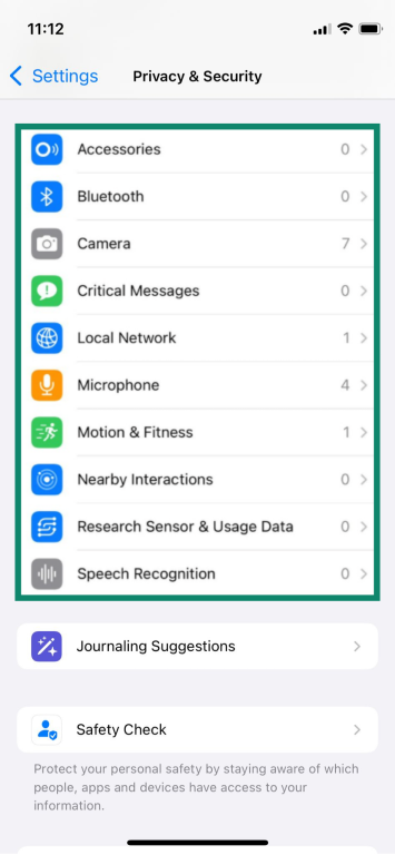 The Bluetooth, Camera, Microphone, etc. settings on an iPhone.