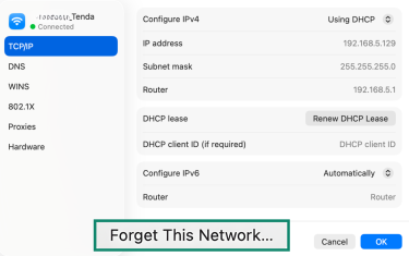 MacOS TCP/IP settings, showing how to forget an network address.