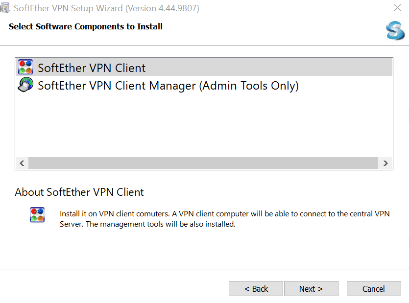 VPN Gate installer screen for selecting software components to install with SoftEther VPN Client selected.