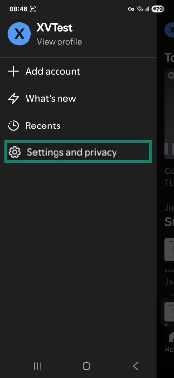Spotify mobile app user profile menu with Settings and privacy highlighted.